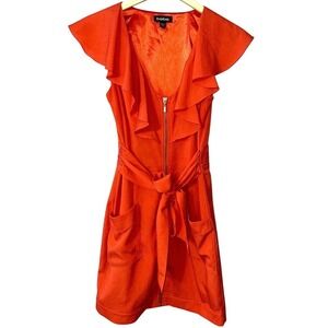 BEBE Red Full Zip Fitted Ruffle Belted Pockets‎ Mini Dress Small